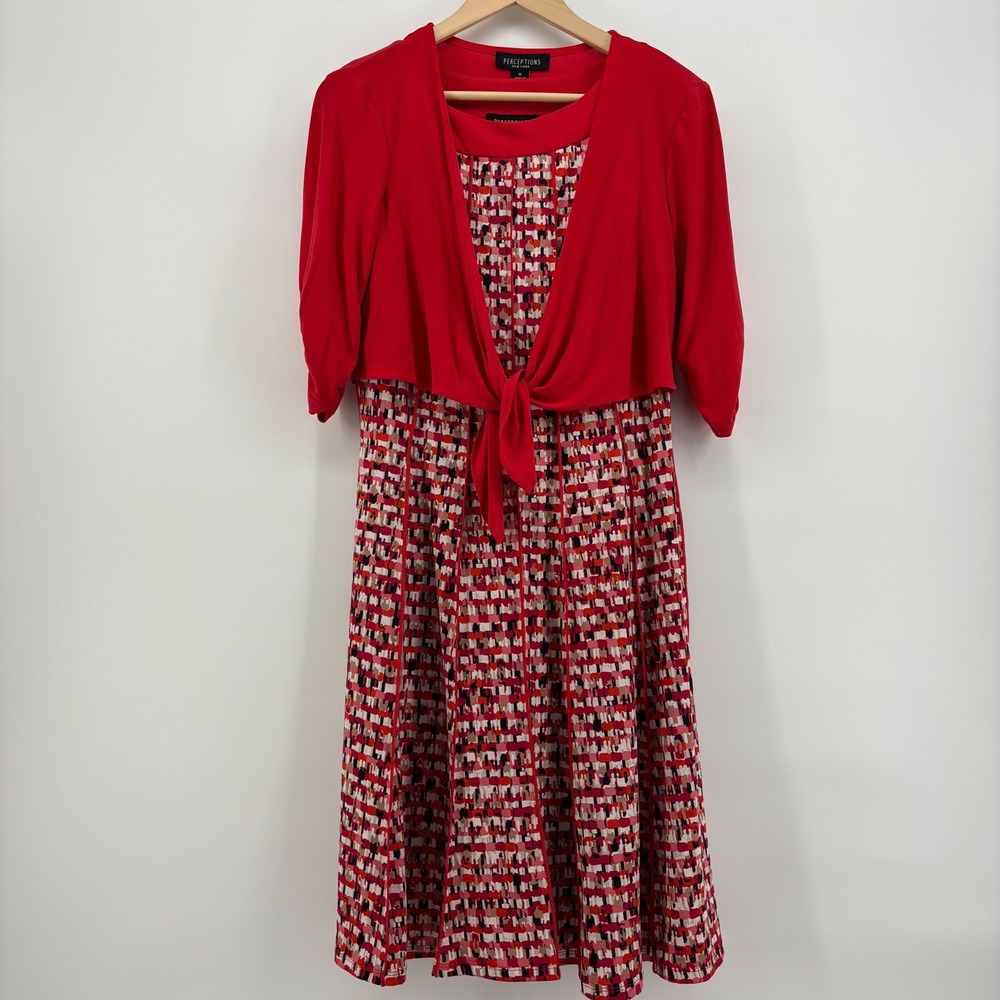 Perceptions Women Dress M Red‎ Geometric Jacket Set Retro Abstract Bolero Chic